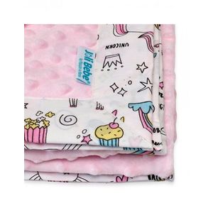 Paturica cu 2 fete din plus minky si bumbac 100 x 100 cm model unicorni, roz imagine