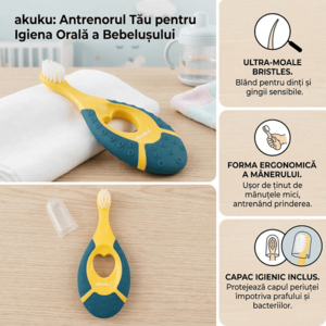 Periuta de dinti Akuku First brush AlbastruGalben pentru bebelusi si copii, peri moi, maner silicon, capac inclus, recomandat pentru 0-2 ani imagine