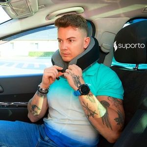 Set perna de calatorie neagra Suporto Travel Companion din spuma cu memorie si masca de dormit Suporto 3D cu saculet verde smarald imagine