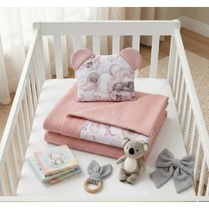 Set paturica si pernuta Bocioland Waffle Dream Pink 75x100 cm, realizat din bumbac 100, recomandat de la nastere imagine