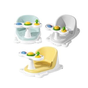 Scaunel de baie pentru copii Little Mom Blue, design ergonomic cu spatar, ghidon de sustinere cu activitati integrate, compatibilitate universala, ventuze de fixare, dimensiuni 19x28x41 cm imagine