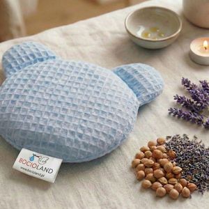 Pernuta anticolici cu samburi de cirese si lavanda Bocioland Teddy Albastru diametru 14 cm, husa din bumbac 100 cu textura waffle, utilizare rececald imagine