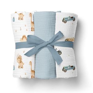 Set 3 scutece multifunctionale Bocioland Blue 70x70 cm din muselina 100 bumbac, suprafata texturata, moale si absorbanta imagine