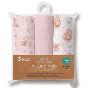 Set 3 scutece multifunctionale Bocioland Roz 70x70 cm din muselina 100 bumbac, suprafata texturata, moale si absorbanta imagine