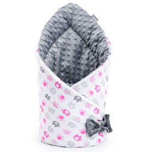 Paturica multifunctionala de infasat bebelusi Bocioland Minky Pink elephant 80x80 cm, cu 2 fete, din bumbac 100, fixare cu fundita asortata imagine