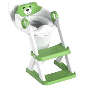 Reductor de toaleta pentru copii Little Mom Green Teddy Bear, colac din PVC, design pliabil, robust si stabil, ajustabil pe 6 nivele de inaltime, manere ergonomice, design anti-stropire, dimensiune 38 x 34 x 59 cm imagine