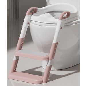 Reductor de toaleta pentru copii Little Mom Pink, pliabil, reglabil, colac din PU, compatibilitate multipla, design ergonomic cu manere de sustinere, design anti-stropire, dimensiune 49 x 34.6 cm imagine