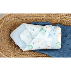 Paturica multifunctionala de infasat bebelusi Bocioland Baloons 80x80 cm, din bumbac 100, fixare cu panglica asortata imagine