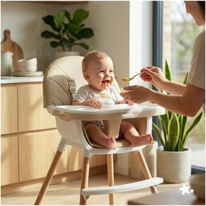 Scaun de masa pentru bebelusi si copii Malplay beige, cu tavita dubla reglabila, husa din PU moale, 60 x 60 x 94 cm imagine