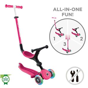 Trotineta 3 in 1 pentru copii Globber Go Up Active Roz, cu maner de impins, scaun si ghidon ajustabile, roti cu lumini LED imagine