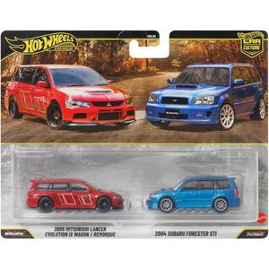 Set 2 masini metalice, Hot Wheels, Car Culture, 2005 Mitsubishi Lancer Evolution IX Wagon si 2004 Subaru Forester STI, JHW46 imagine