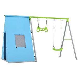 Set balansoar AIYAPLAY 3 in 1, Cort de Joacă, Balansoar, Inele de Gimnastică, Metal, Plastic, Verde | Aosom Romania imagine