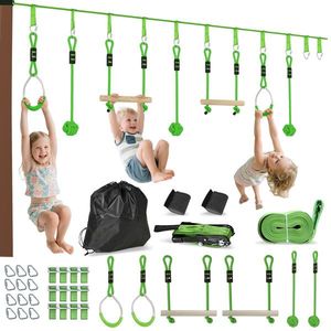 AIYAPLAY Parcurs de obstacole Ninja pentru copii 10 M kit tirolian complet 7 piese încărcare 50 kg, instalare ușoară, verde | Aosom Romania imagine