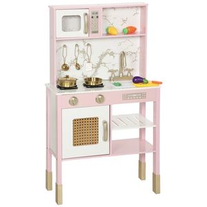 AIYAPLAY Bucătărie de jucărie din lemn cu sunet cu accesorii din oțel inoxidabil legume pentru tăiat Roz | Aosom Romania imagine