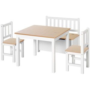 Homcom Set 4 Pezzi Tavolino con Sedie e Panca Portaoggetti per Bambini in Legno imagine