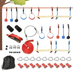 Outsunny Parcurs de obstacole ninja pentru copii, 30 accesorii și sac de transport, slackline 10 m, albastru/negru/roșu | Aosom Romania imagine