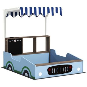 AIYAPLAY Ladă de nisip cu copertină, design magazin alimentar, bancă, tablă de scris, lemn de brad, 104H x 108L x 90B cm, Albastru | Aosom Romania imagine