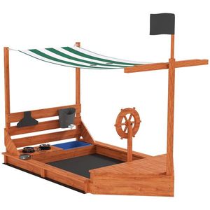 Outsunny Cutie de nisip cu copertină Corabie de pirați, incl. set de bucătărie pentru copii, lemn masiv, 180 x 103 x 144, 5 cm, Verde | Aosom Romania imagine