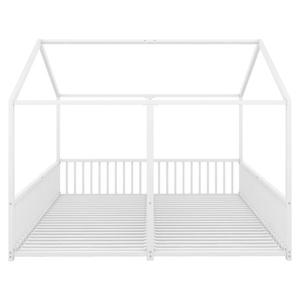Pat dublu pentru copii 90x200 cm, formă de casă, cu barieră de siguranță, fără saltea, Alb imagine