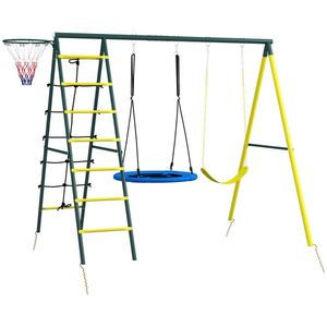 Outsunny Leagăn pentru copii 4 în 1 cu Leagăn tip Cuib și individual Plasă de cățărat Coș de baschet Scară Galben | Aosom Romania imagine