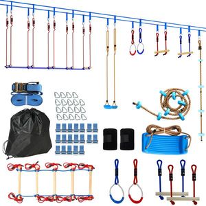AIYAPLAY Ninja Line Set Slackline copii 24 m cu inele gimnastice, 7 obstacole, bară de cățărat, pod de echilibru pentru 3-6 ani Roșu+Albastru | Aosom Romania imagine