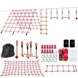 AIYAPLAY Ninja Line Set Slackline pentru copii 10 m cu inele, leagăn, scară de cățărat și plasă de cățărat pentru 3-6 ani 1000x300x180 cm Roșu | Aosom Romania imagine