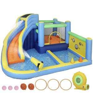 AIYAPLAY Castel gonflabil cu suflător 8 în 1, parc acvatic, tobogan, trambulină, piscină de mingi, Oxford, multicolor | Aosom Romania imagine