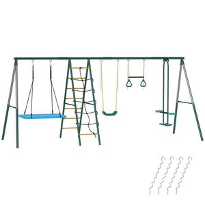 AIYAPLAY Cadru 5-în-1 pentru leagăn cu leagăn-tip-cuib reglabil, inele de gimnastică, scaun dublu, cadru de cățărare pentru 3-8 ani 440x175x203 cm | Aosom Romania imagine