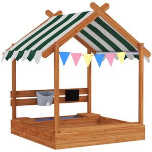 Outsunny Nisipar pentru copii cu copertină 6 fanioane 2 tăvi robinet și tablă în formă de căsuță pentru curte 124x116x146 cm Portocaliu | Aosom Romania imagine