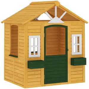 AIYAPLAY Căsuță de joacă din lemn pentru exterior cu ușă 3 ferestre 2 jardiniere pentru copii 3-8 ani 134, 5 x 97 x 150 cm Maro | Aosom Romania imagine