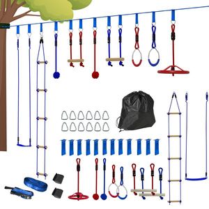 AIYAPLAY Parcurs de obstacole ninja pentru copii 10 accesorii 10 m, slackline și geantă de transport, albastru | Aosom Romania imagine