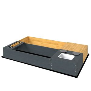 AIYAPLAY Set ladă pentru nisip 2 piese 150x90 cm lemn ladă de nisip cu bancă spațiu depozitare plită chiuvetă detașabilă mărgele abac Galben | Aosom Romania imagine