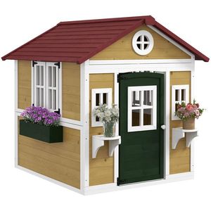Outsunny Căsuță de exterior pentru copii, casă de joacă exterioară cu ușă, ferestre și jardiniere 114 x 126, 4 x 135 cm bej | Aosom Romania imagine
