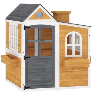 AIYAPLAY Căsuță exterioară pentru copii din lemn, casă pentru copii exterior/interior cu ușă, ferestre, 3 jardiniere, galben | Aosom Romania imagine