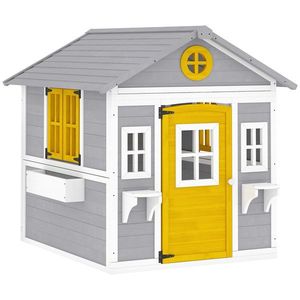 Outsunny Căsuță pentru Copii din Lemn, Exterior și Interior, cu Ușă, Ferestre, Jardiniere și Suporturi pentru Flori, Gri | Aosom Romania imagine