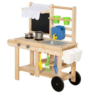 AIYAPLAY Bucătărie de noroi pentru exterior, bucătărie din lemn cu robinet real, chiuvetă, plită, raft, rezervor de apă, lemn natural | Aosom Romania imagine