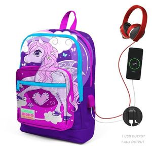 Ghiozdan cu 4 compartimente, Coral High, cu USB, mov-roz cu unicorn imagine