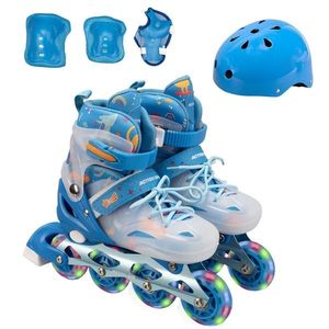 Set de role, Action One Dinosaur, Marimea M (33-37) cu casca, protectii si geanta transport, roti luminoase, Blue imagine