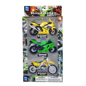 Set 3 motociclete metalice, New Ray, Suzuki, Kawasaki, Suzuki, 1: 18 imagine