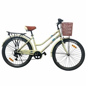 Bicicleta 26 inch, 7 viteze, cos cumparaturi, portbagaj, v-brake, crem imagine
