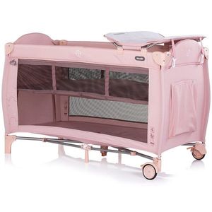 Patut pliabil Chipolino Bella Powder Pink cu 2 nivele, saltea de infasat, intrare laterala cu fermoar, carusel muzical cu jucarii, tava pentru accesorii si geanta de transport imagine