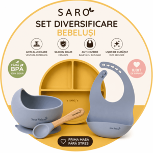 Set diversificare bebelusi Saro Mustar-Albastru farfurie din silicon, bol cu ventuza, baveta, lingurita ergonomica si cana pentru antrenament imagine