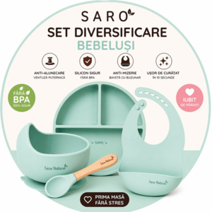 Set diversificare bebelusi Saro Verde farfurie din silicon, bol cu ventuza, baveta, lingurita ergonomica si cana pentru antrenament imagine
