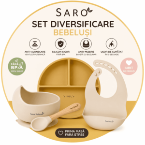 Set diversificare bebelusi Saro Mustar-Bej farfurie din silicon, bol cu ventuza, baveta, lingurita ergonomica si cana pentru antrenament imagine