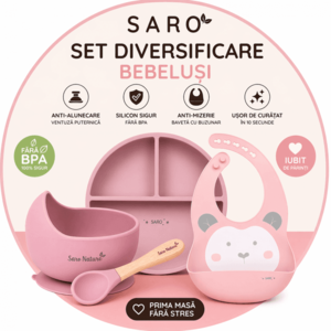 Set diversificare bebelusi Saro Roz farfurie din silicon, bol cu ventuza, baveta, lingurita ergonomica si cana pentru antrenament imagine