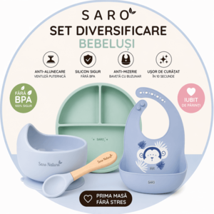 Set diversificare bebelusi Saro Verde-Albastru farfurie din silicon, bol cu ventuza, baveta, lingurita ergonomica si cana pentru antrenament imagine