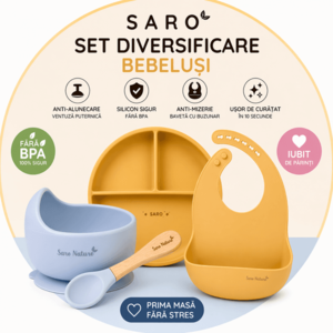 Set diversificare bebelusi Saro Mustar-Bleu farfurie din silicon, bol cu ventuza, baveta, lingurita ergonomica si cana pentru antrenament imagine
