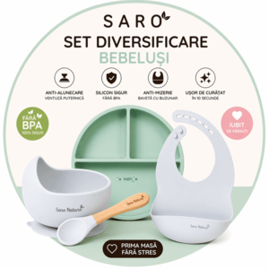 Set diversificare bebelusi Saro Verde-Alb farfurie din silicon, bol cu ventuza, baveta, lingurita ergonomica si cana pentru antrenament imagine