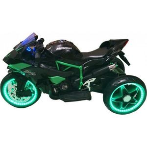 Motocicleta electrica pentru copii Novokids Ninja Trio Motocross Negru-Verde, maxim 30 kg, melodii si lumini Led, bluetooth, 3 roti imagine