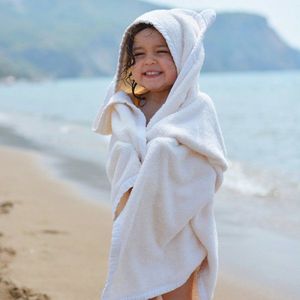 Prosop de baie cu gluga si urechi pentru copii 100x100 cm din bumbac Twindeco Crem imagine